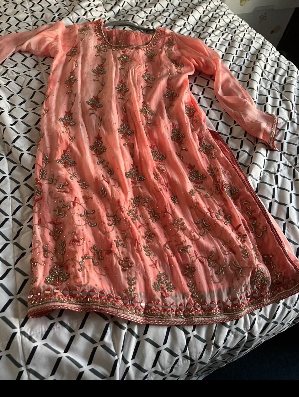 Rhinestone And Mirror Work Coral Salwar Shalwar Kameez - Picture 6 of 11